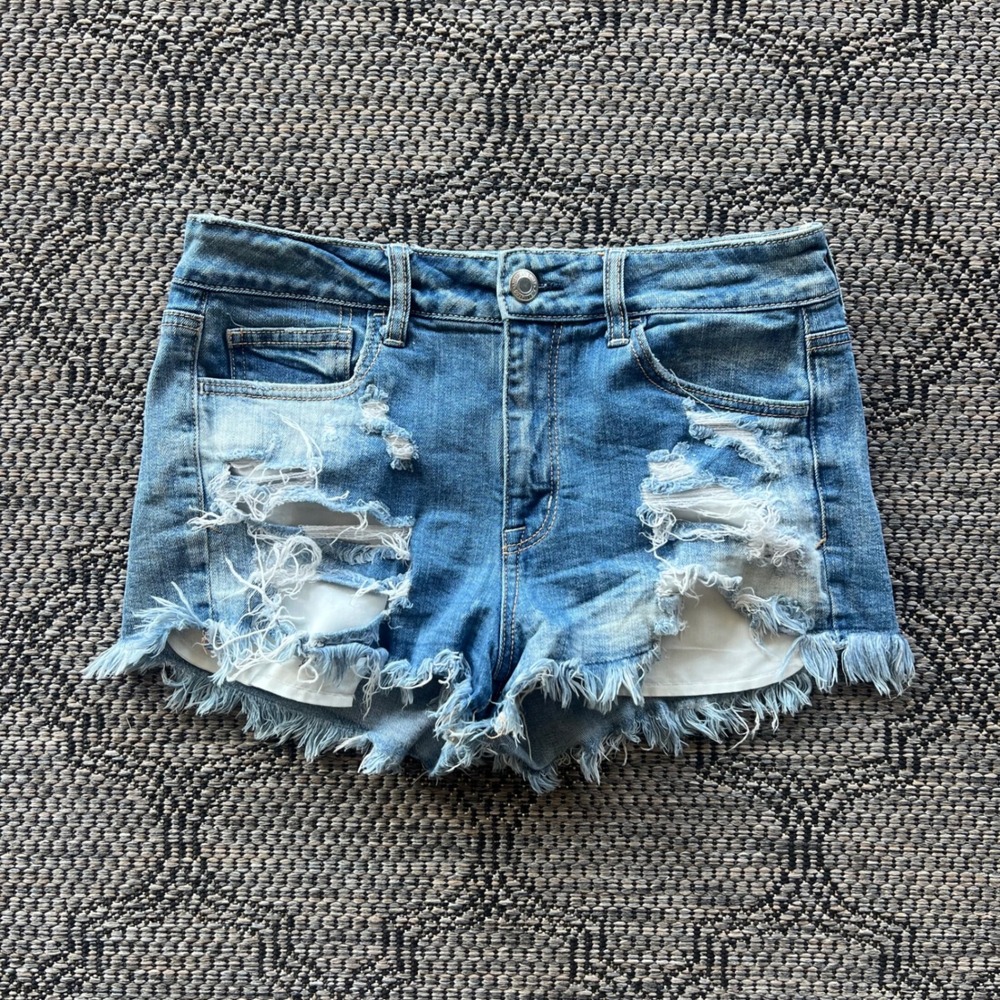 American Eagle Shorts Womens 10 Blue‎ Distressed Frayed Denim Jean Hi-Rise Booty